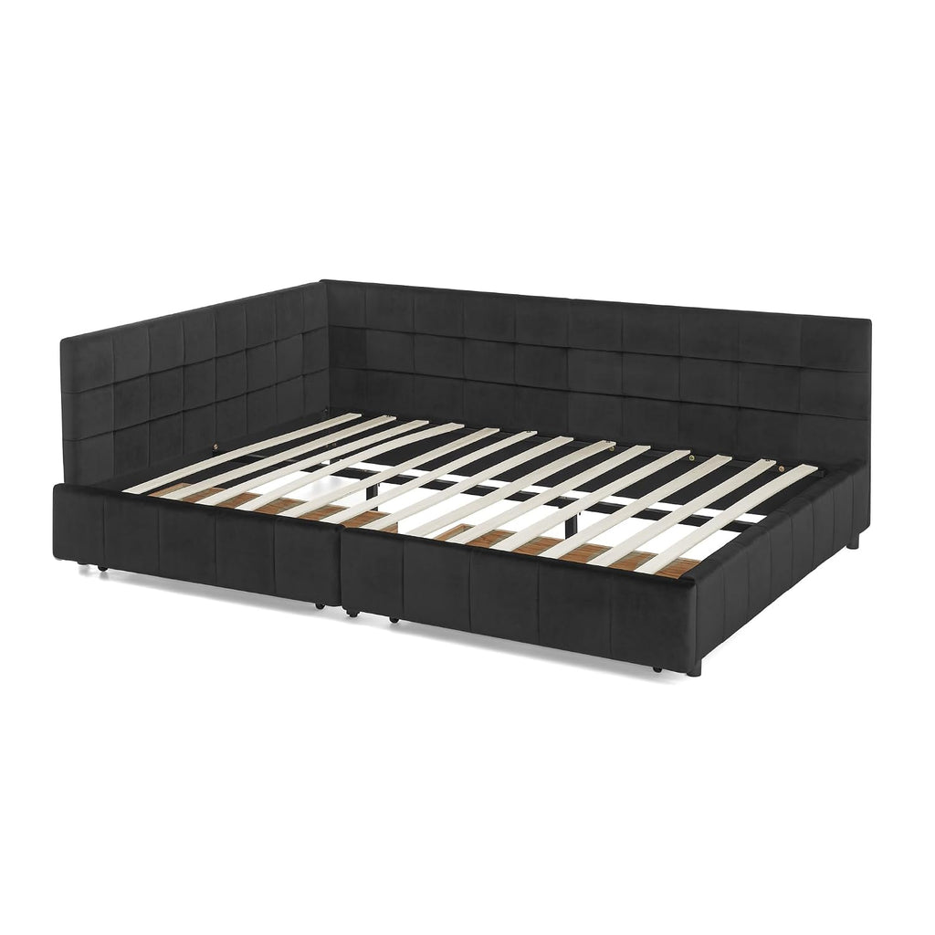 Queen Size Daybed with Storage Drawers, Velevet Upholstered Day Bed Frame with Tufted Backrest and Armrests,Solid