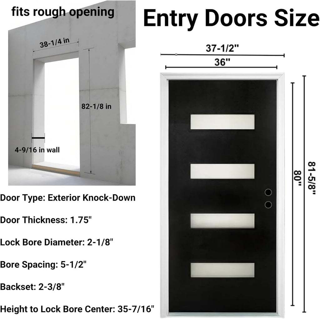 Fiberglass Entry Door Left Hand Inswing, 36 x 80, 4 Lite Frosted Glass 4-9/16 in. Vinyl Frame, Contemporary Style for
