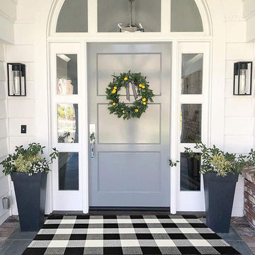Cotton Buffalo Plaid Rug, 27.5x43 Black and White Outdoor Rug Front Door Decorative Mat, Washable Doormat Foldable
