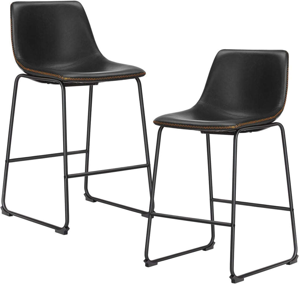 Bar Stools Set of 2, 26 Inch Counter Height Faux Leather Barstools with Back, Modern Metal Leg Bar Chairs
