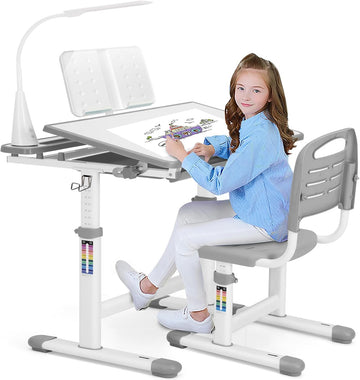 Height Adjustable Kids Desk and Chair Set with LED Light,Drawer