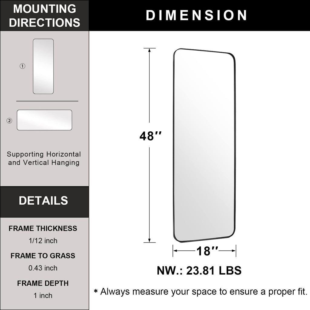 18" x 48" Full Length Wall Mirror, Large Black Mirror, Rounded Corner Rectangle Body Mirror for Floor and Leaning