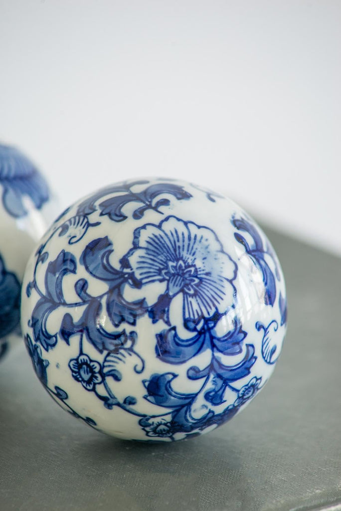 Set of 6 Porcelain Decorative Spheres - Handcrafted Traditional Blue and White Floral Orbs Decor, Tabletop Accent