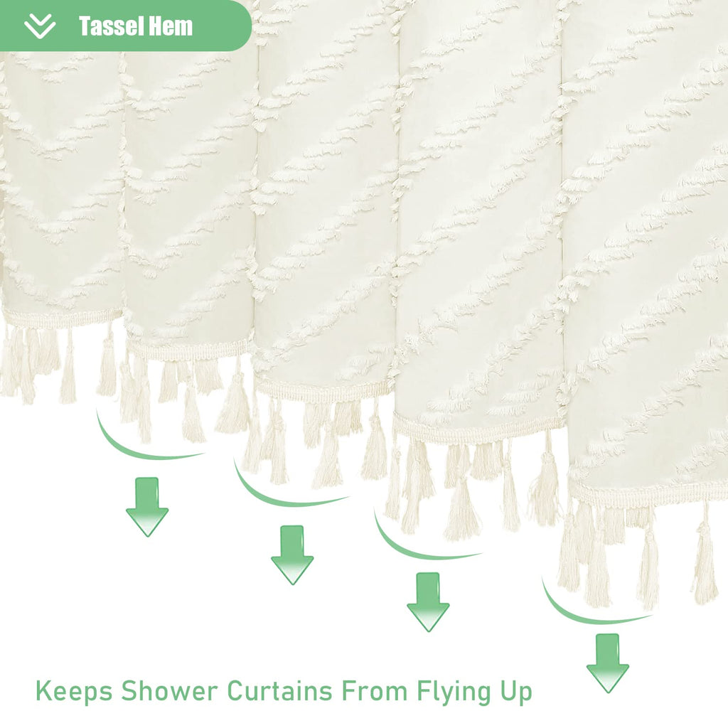Extra Long Boho Fabric Shower Curtain Tufted Chevron 72"x84" Cream