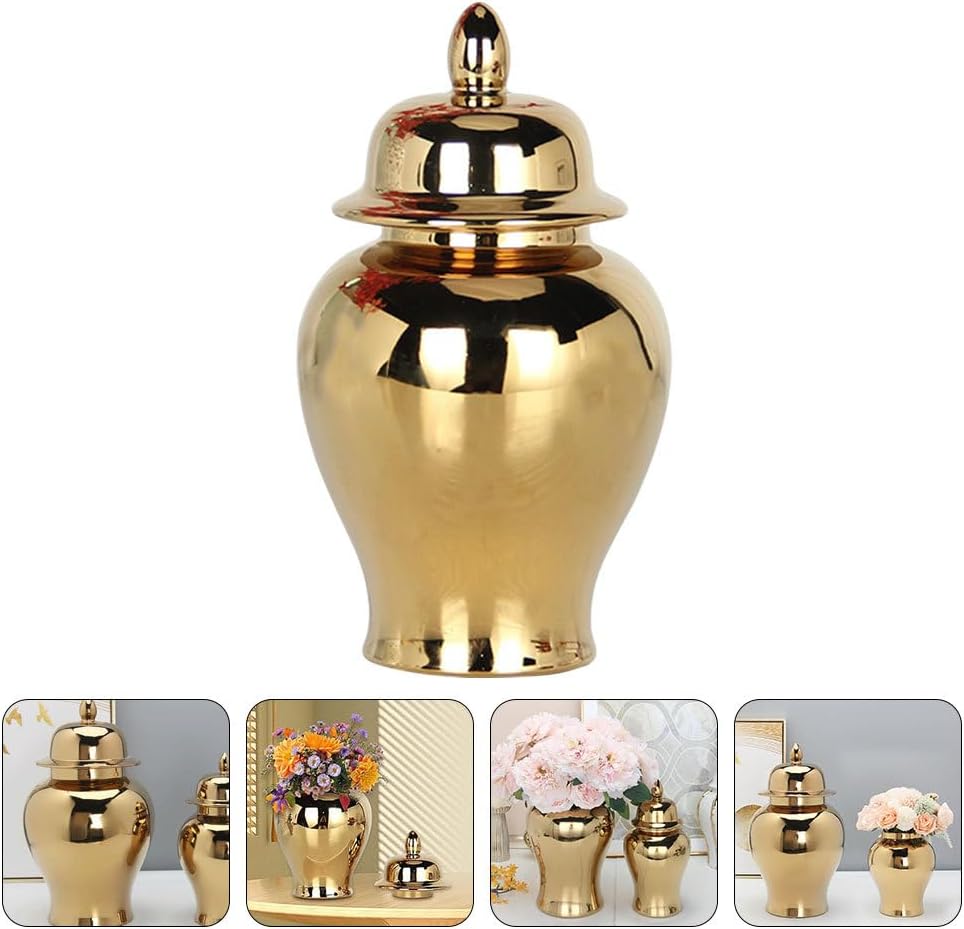 Ginger Jar, Golden Ginger Jar Handicraft Flower Vase Chinese Style Temple Jar Storage Jar Tea Canister with Lid