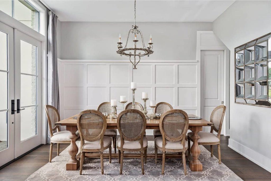 Set of 2 French Country Dining Chairs | Upholstered Linen Welted Padded Fabric with Natural Rustic Wooden Frame