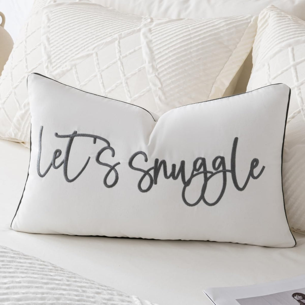 Let's Snuggle Decorative Lumbar Pillow Cover - 12x20 Inch White and Grey Cotton Embroidery Throw Pillowcase