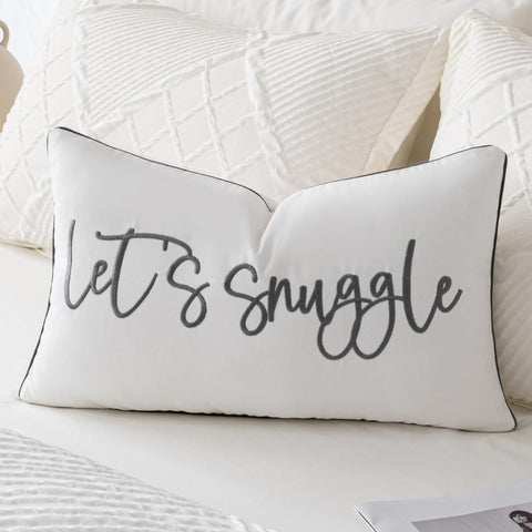 Let's Snuggle Decorative Lumbar Pillow Cover - 12x20 Inch White and Grey Cotton Embroidery Throw Pillowcase
