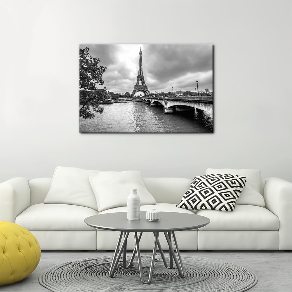 Black and White Canvas Wall Decor Paris Eiffel Tower from Seine Pictures Painting Decor France Cityscape Framed