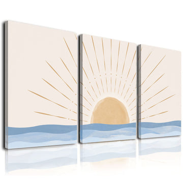 Boho Wall Art Set of 3, Neutral Geometric Sun Rising on the Sea Minimalist Art Framed Canvas Prints Artwork, Mid