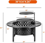 36 Inch Fire Pit with 2 Grills, Wood Burning Fire Pits for Outside with Lid, Poker and Round Waterproof Cover, BBQ& Outdoor Firepit & Round Metal - Image 5