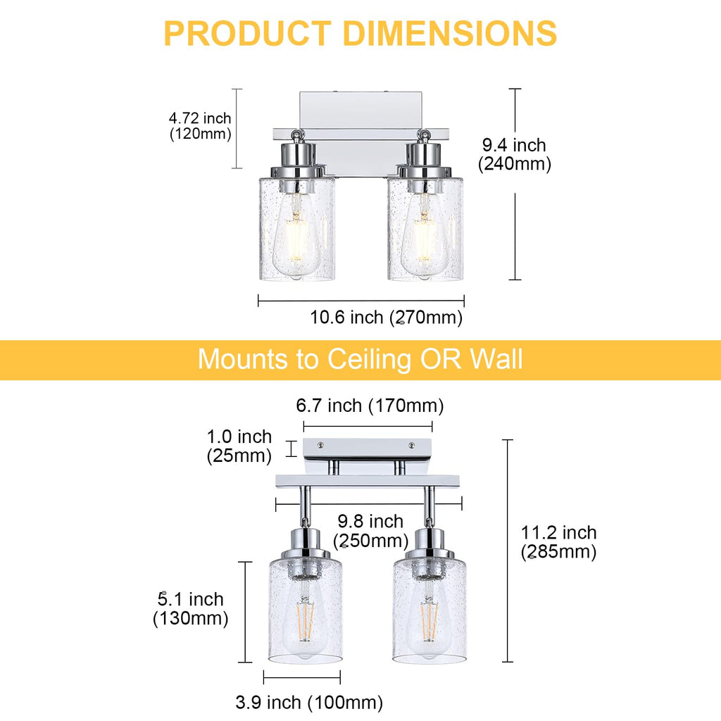 Chrome Track Lighting Kit Ceiling Kitchen Track Light Fixture with Seeded Glass, Multi-Directional Rotating