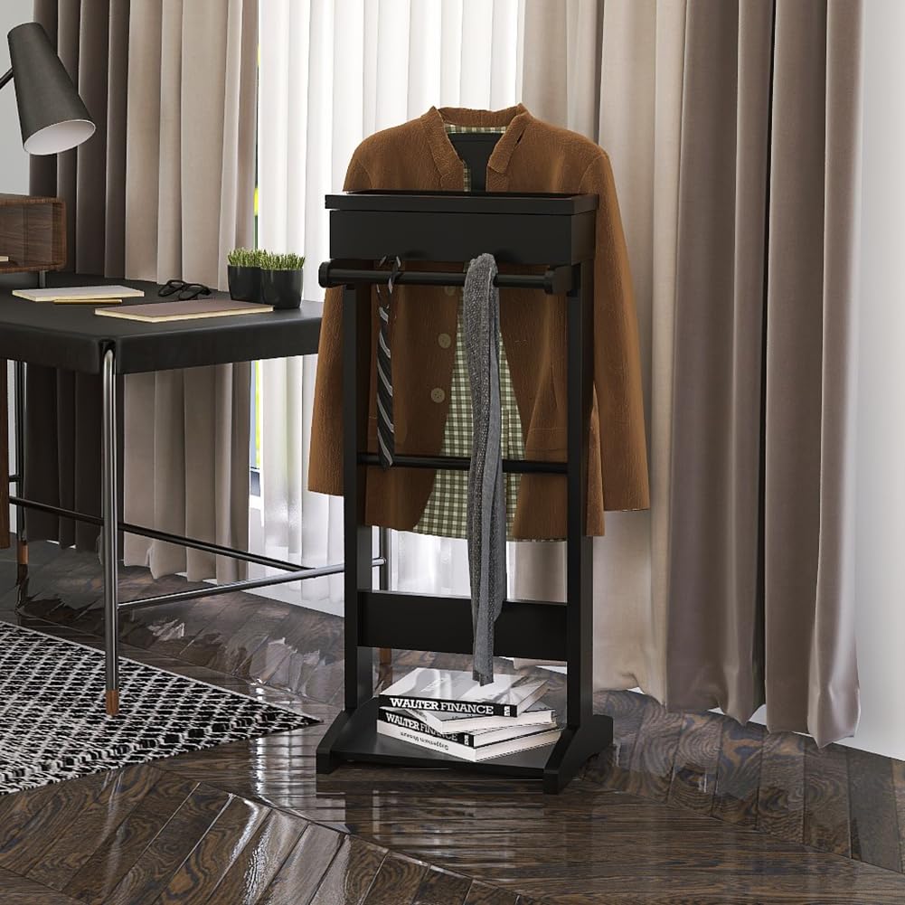 Clothes Valet Stand for Men, Wooden Suit Rack with Flip Tray & Coat Hanger