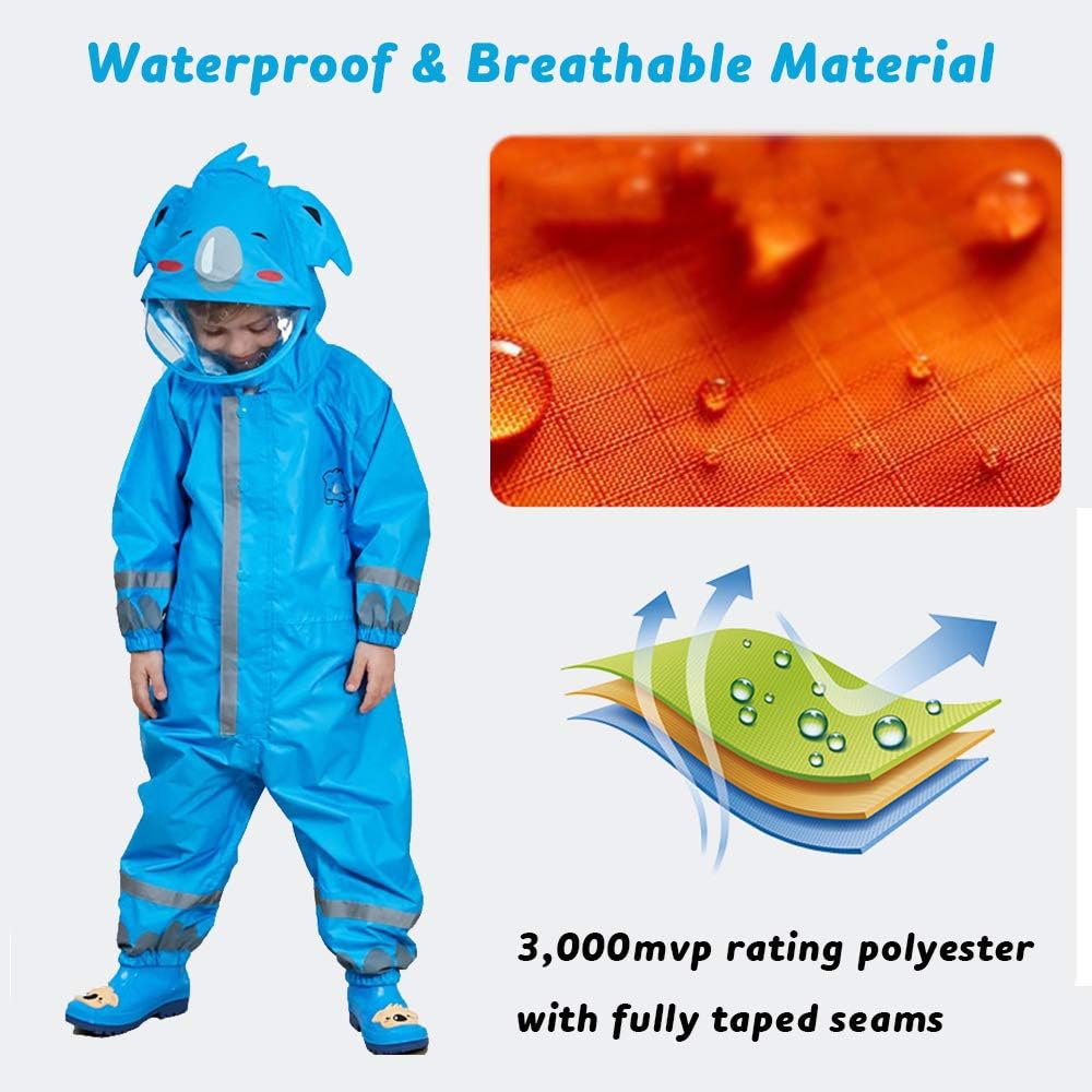 Toddler Rain Suit, Kids Muddy Play Buddies One Piece Hoodie Rain Jacket Coat Poncho Gear Coverall Baby Girl Boy