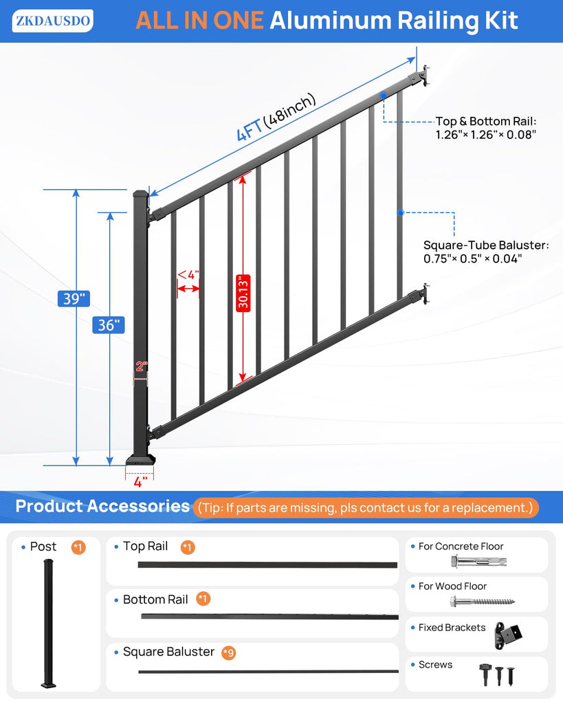 36 in. H x 4 ft. W Aluminum Stair Railing Kit for Outdoor Deck and Porch