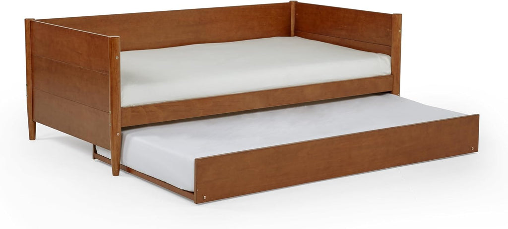 Mid-Century Modern Daybed & Trundle/Solid and Manufactured Wood/Panel Headboard/No Box Spring Needed/Foundation has