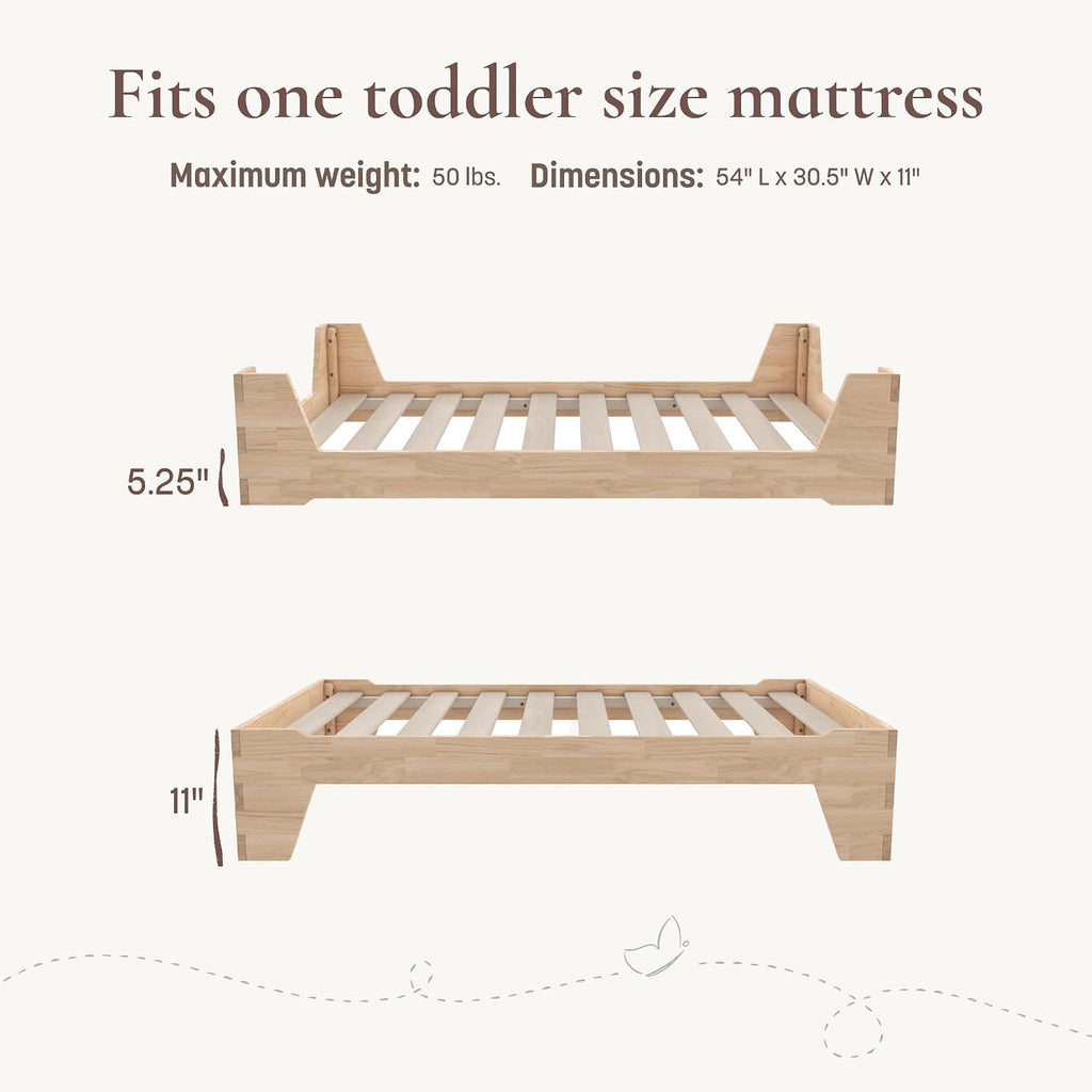 Maverick Montessori Toddler Floor Bed with 2 Heights, Natural Wood Grain