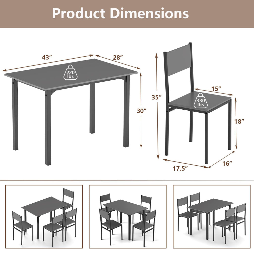 5-Piece Dining Table Set, Industrial Kitchen Table and Chairs for 4 with Backrest and Metal Frame, Rectangular