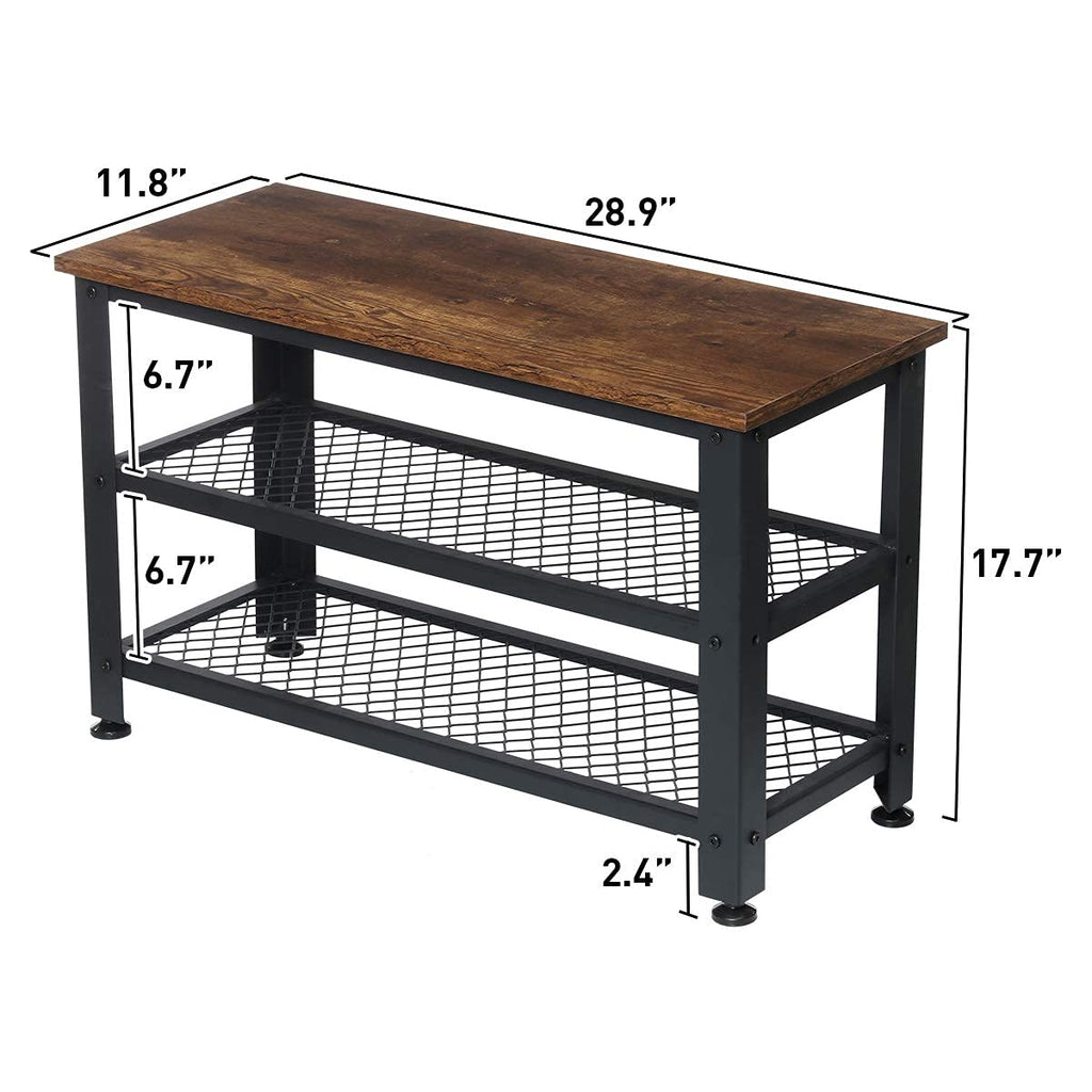 Shoe Bench, 3-Tier Industrial Shoe Rack Bench, Entryway Bench Shoe Organizer with 2 Mesh Shoe Storage Shelves, Wood