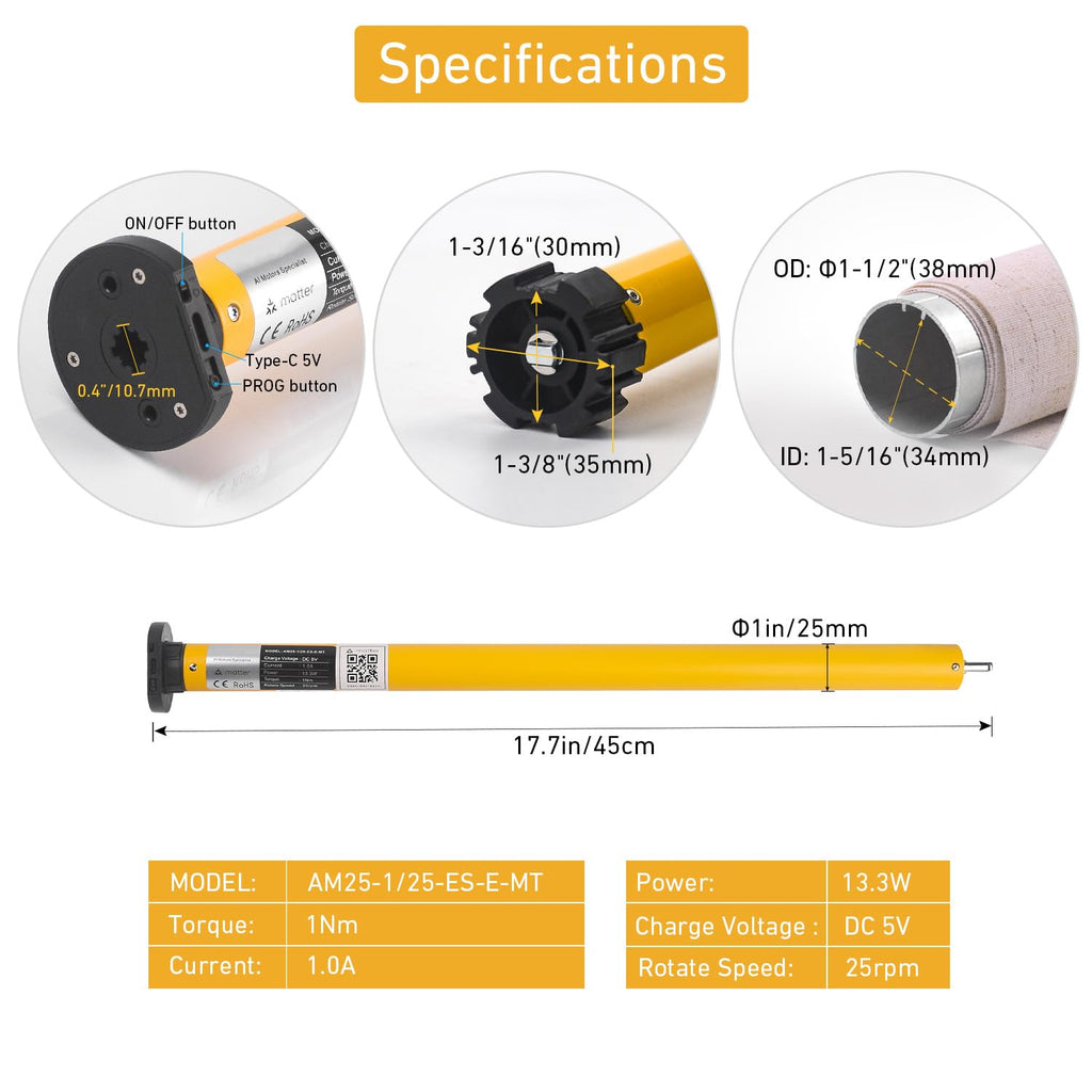 Matter Roller Shade Motor - Expand Your Smart Home - Single Pack for 1.5" Shade Tube - Work with HomeKit, Alexa