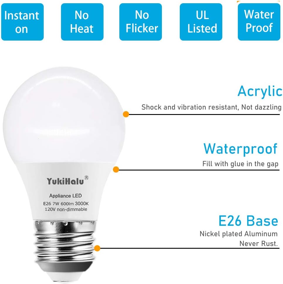 A15 Appliance Light Bulb, 60W Equivalent for Range Hood/Refrigerator Light Bulb/Ceiling Fan Light, 600 Lumens 7W 120V