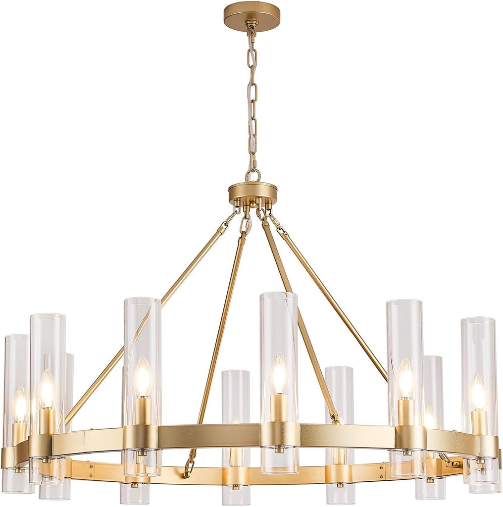 Wagon Wheel Chandelier, 12-Light Golden Farmhouse Round Chandelier, Industrial Lighting fixtures, Glass Chandelier, Suitable for Porch, Dining Room, Living Room, and Bedroom A115-B0DPMS2JC4