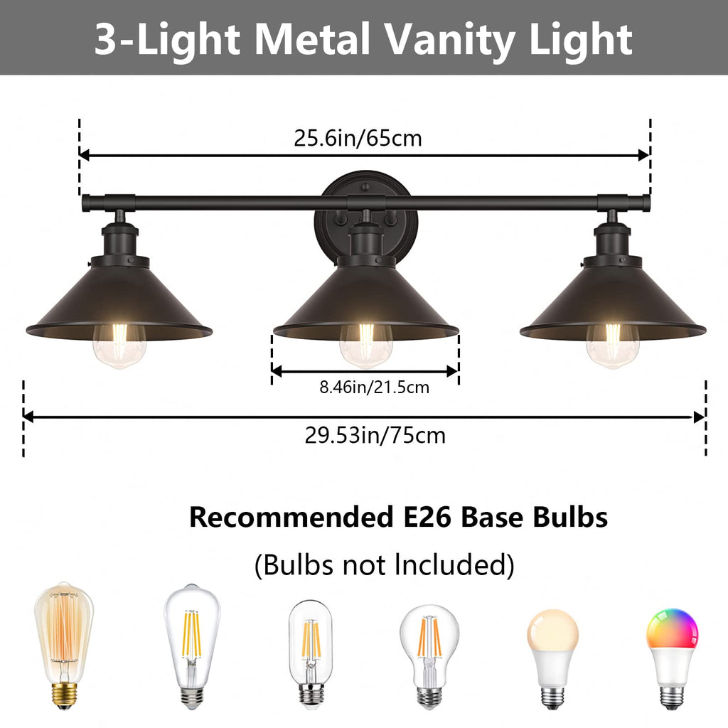 3-Light Black Bathroom Vanity Light Fixtures Over Mirror, Farmhouse Vanity Wall Sconce Lighting with Metal Shade