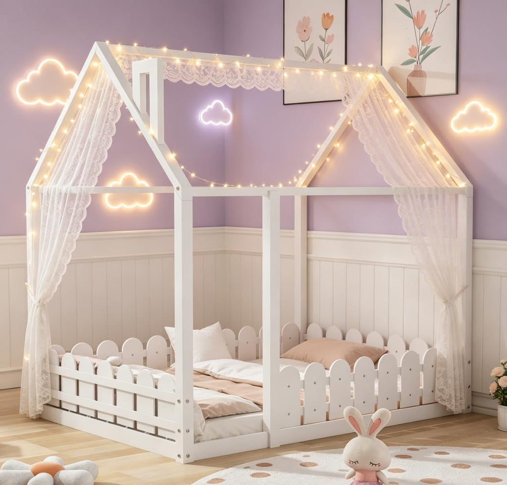 Tw Floor Bed with Rail for Kids, Wood Montessori Floor beds with roof for Kids, no slats White