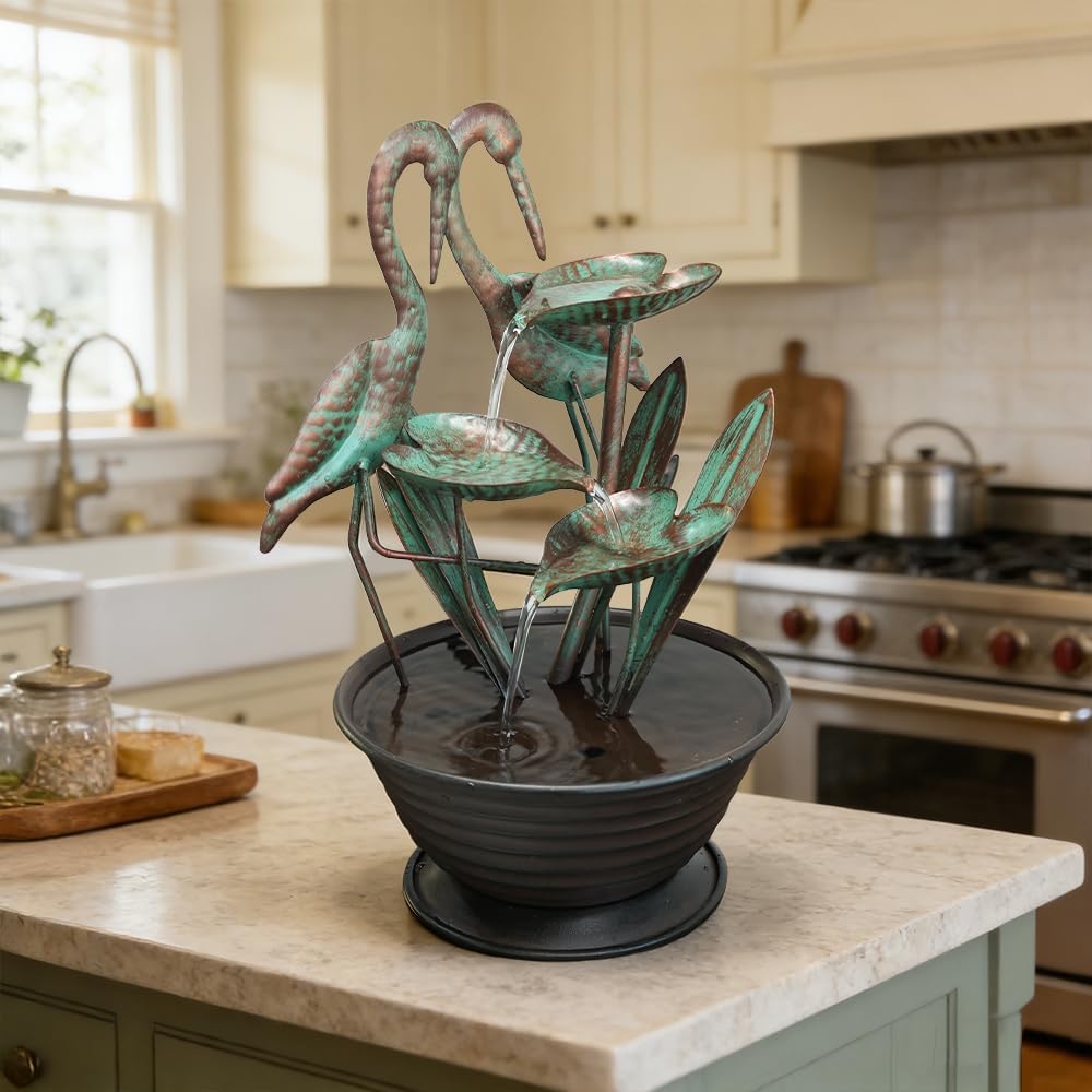 Tabletop Water Fountain with Standing Metal Crane Decor, 3-Tier Lotus Leaf Indoor Zen Waterfall Fountains