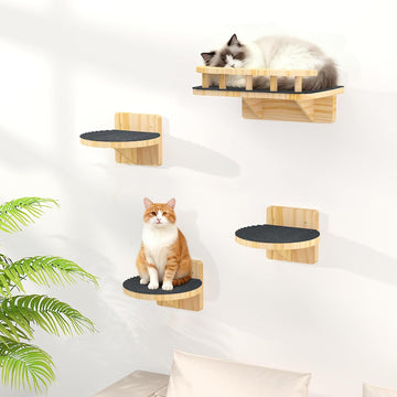 Cat Wall Shelves, Cat Wide Climber Shelf with 3 Perch Steps, Kitty Wall Mounted Wooden Furniture up to 25lbs, Durable