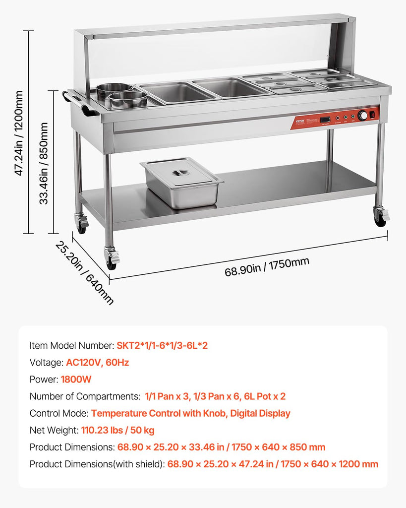 Commercial Food Warmer, 8 Pans + 2 Pots Electric Steam Table, 1800W Professional Buffet Catering Food Warmer with
