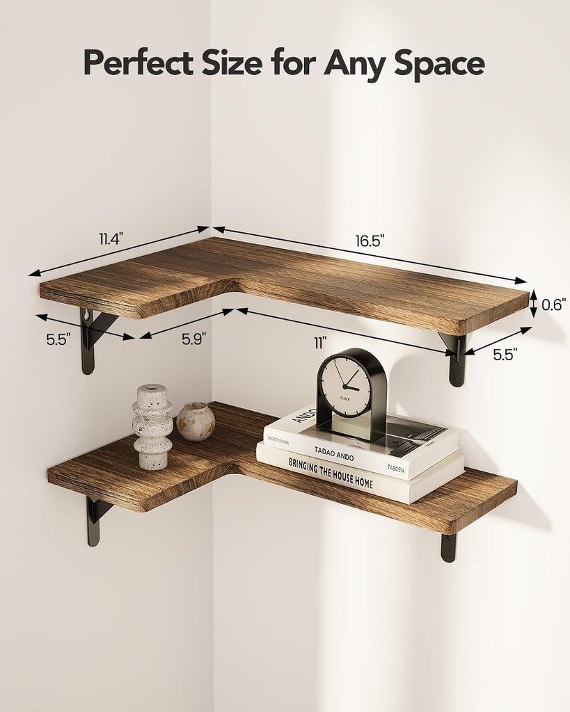Corner Floating Shelves, Paulownia Wood, Set of 4, Brown