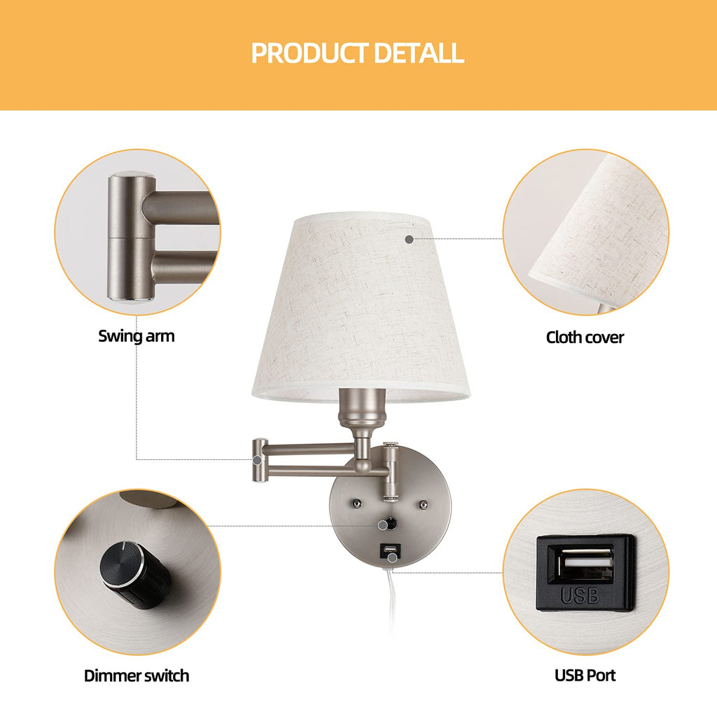 Swing Arm Wall Lamp Wall Mount Lamp with Cord Plug in Wall Sconce Lighting with Dimmable On Off Switch Wall Light