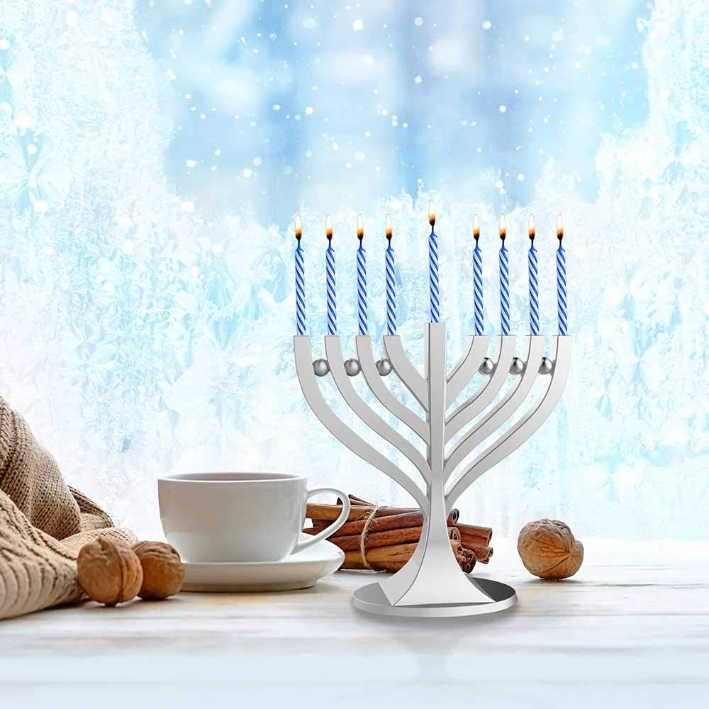 Zion Judaica Mini Classic with Mini Birthday Size Hanukkah Candles - Satin Silver Small Travel Minorah with 44 Blue
