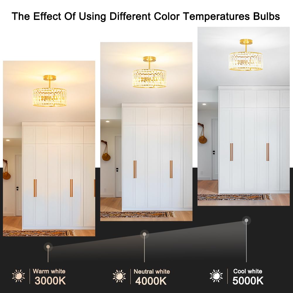 Modern Crystal Ceiling Light, Brushed Gold Semi Flush Mount Ceiling Lighting Fixture, Brass Hallway Light Fixtures