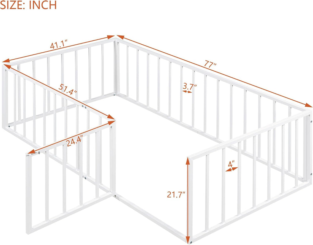 Floor Bed with Fence and Door, Heavy Duty Montessori Floor Bed Frame, Easy Assemble Montessori Beds