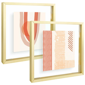 2 Pack 8x8 Gold Metal Floating Picture Frame Real Glass