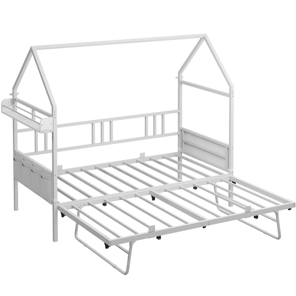 Daybed with Trundle, House Shaped Twin Bed Frame, White