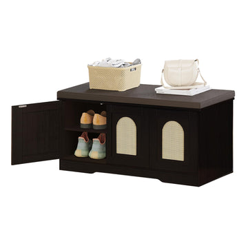 Shoe Storage Bench with Cushion, Door, Espresso Oak 39.4"LX17.7"H