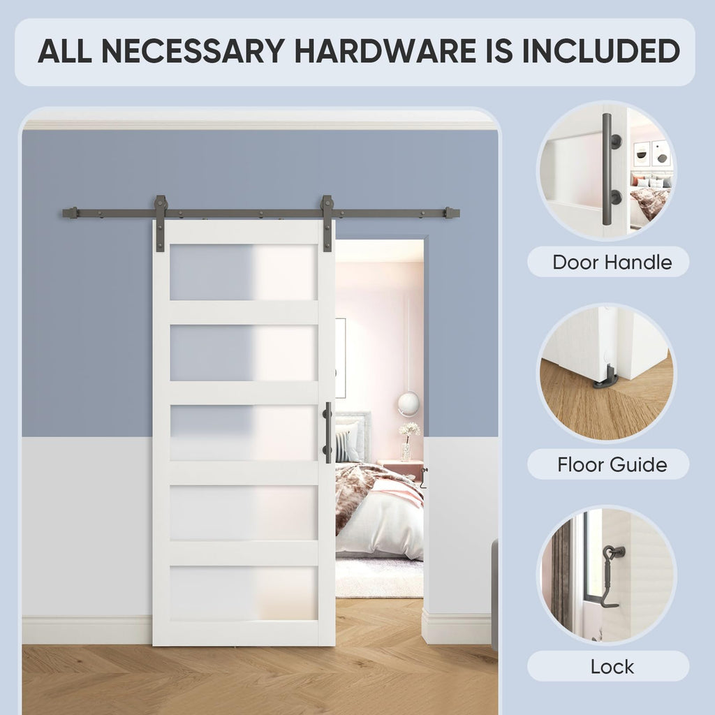 36x84in Glass Barn Door with 6.6FT Sliding Door Hardware, White