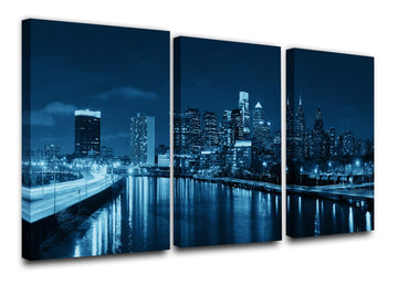 Panoramic Philadelphia Cityscape at night with urban architecture Picture, Black and White Stretched Canvas Prints