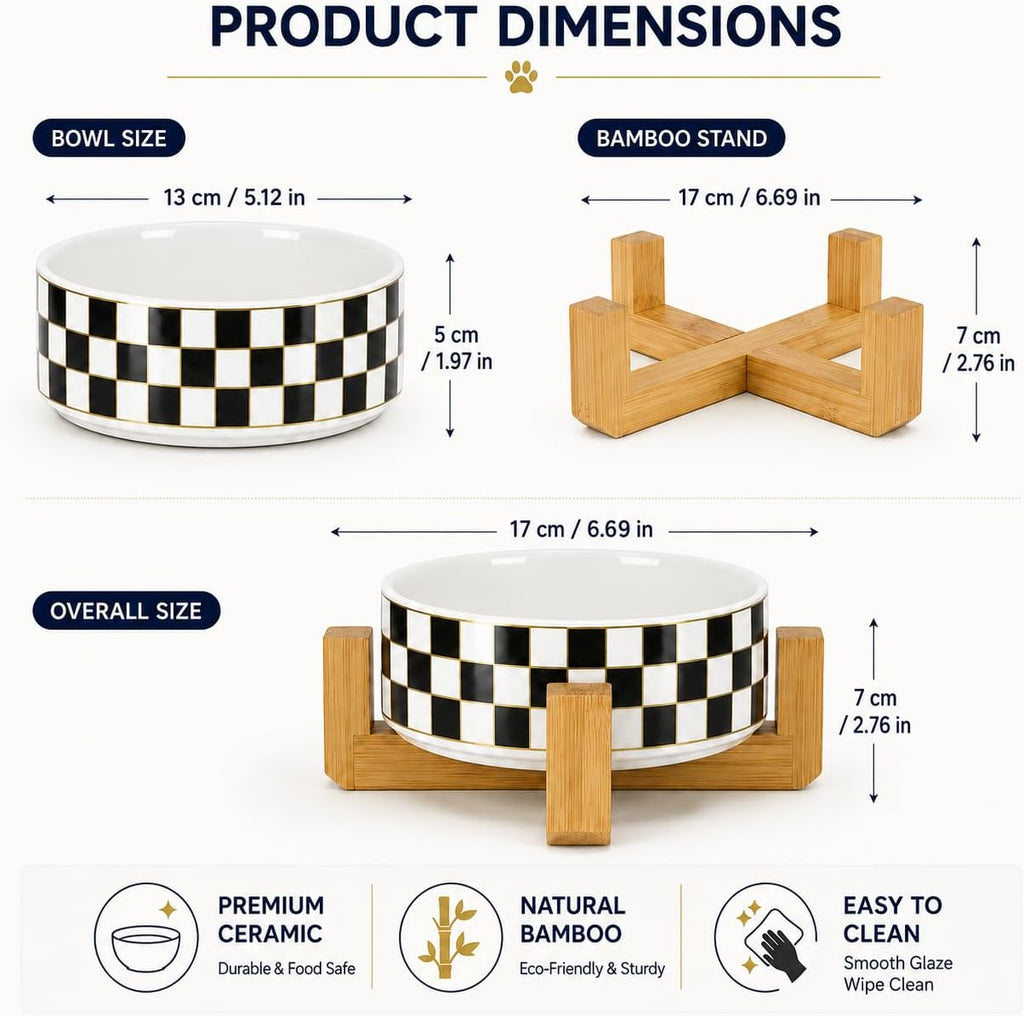 Checkered Ceramic Dog Bowl with Wood Stand, Black and White Dog Food and Water Bowl Set, Elevated Puppy Food Bowls