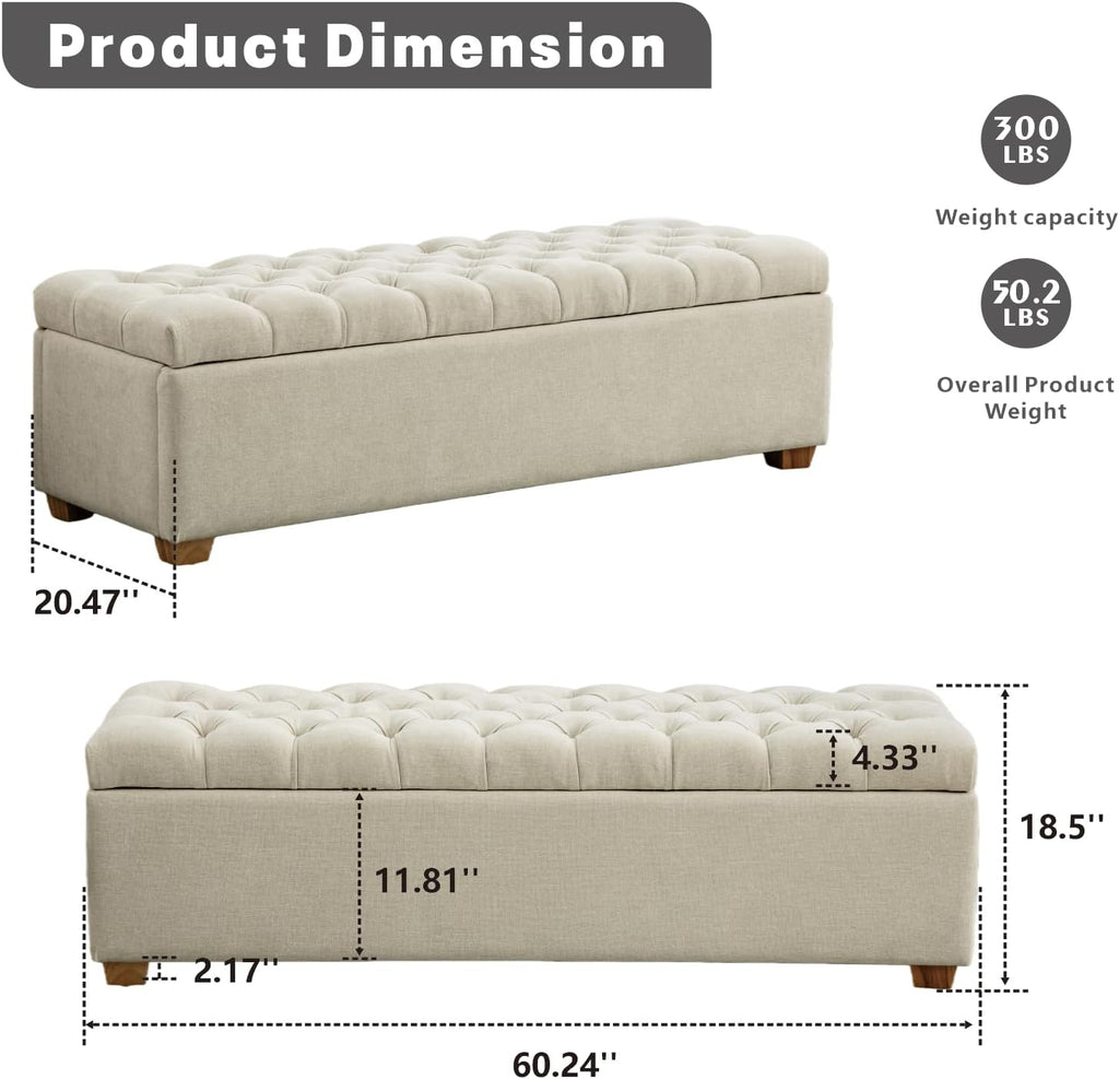 60" Ottoman with Storage Oversized End of Bed Storage Bench Upholstered Benches -Beige