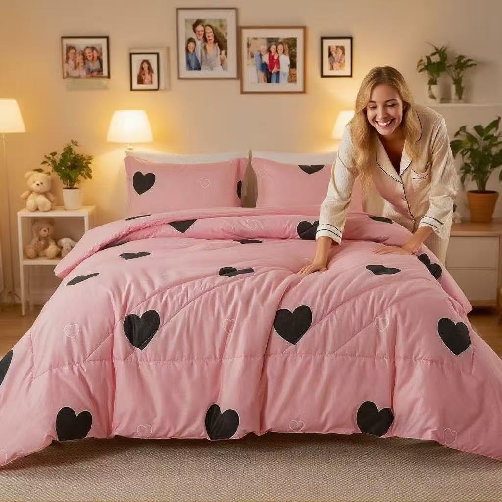 Girls Pink Comforter Set Twin - Blush Pink Cute Love Heart Print Comforter Bedding Set for All Seasons, Geometric
