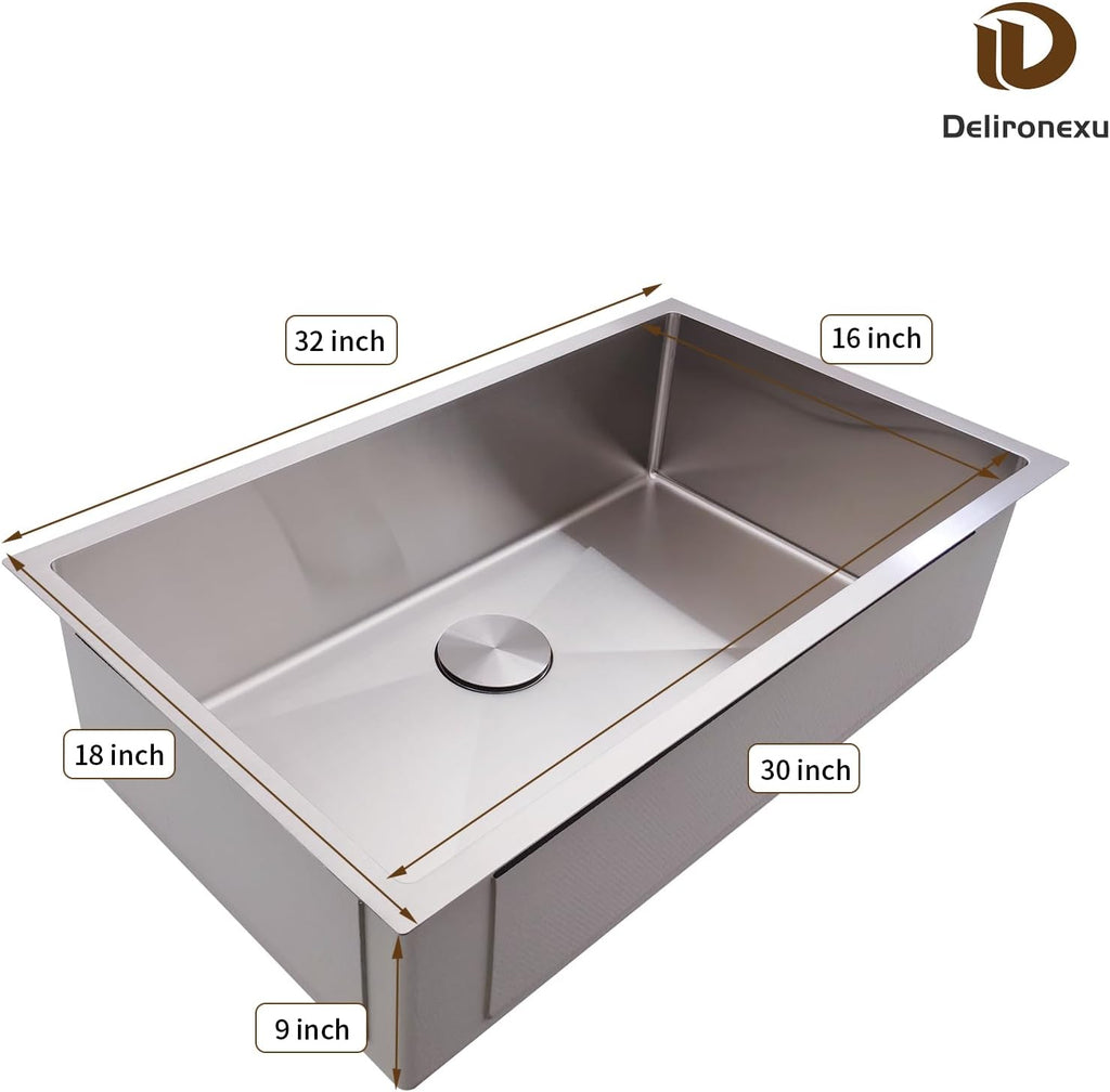32 Inch Undermount Kitchen Sink - 16 Gauge Stainless Steel Kitchen sink Single Bowl, 32''x18'' Undermount Sink with
