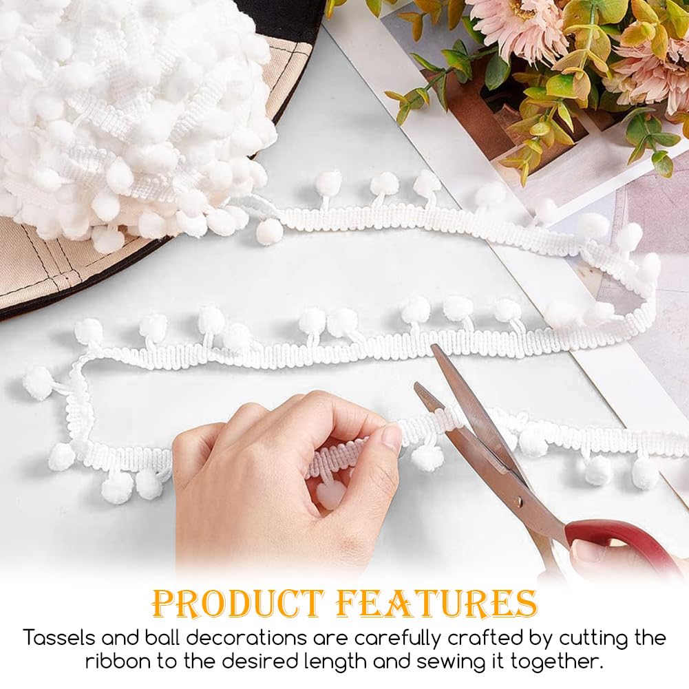 White Pom Pom Ball Fringe Trim 1 Inch Wide Sewing Ribbon for DIY Crafts Pillow Clothing Home Decoration - 20 Yards