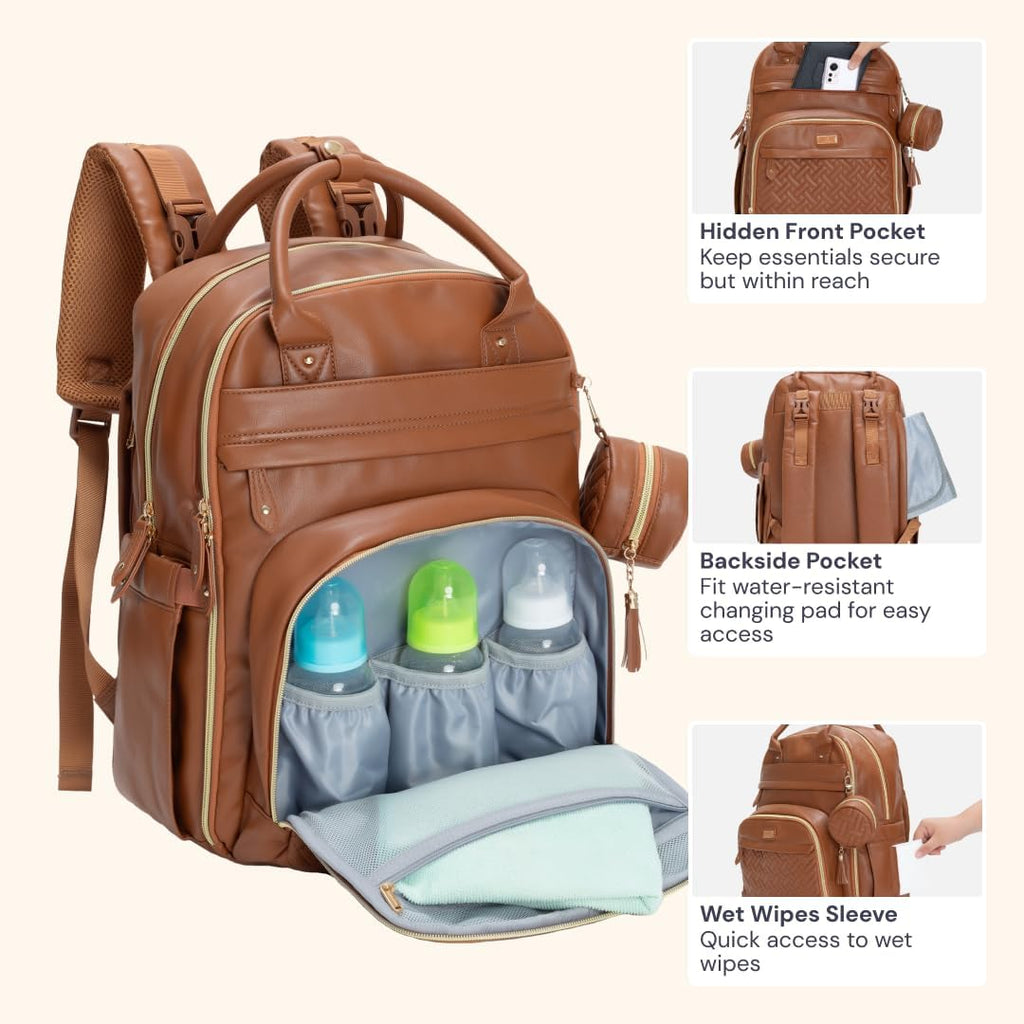 Leather Diaper Bag Backpack - Baby Essentials Travel Baby Bag, Multi function, Water Resistant, with Changing Pad