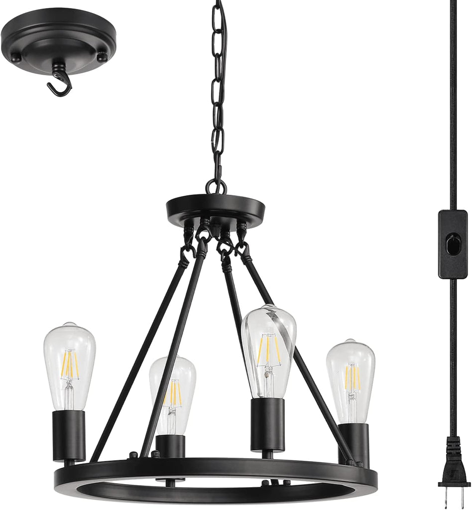 4-Light Plug in Chandelier,Wagon Wheel Style,Black Round Metal Chandelier,Hanging Light with 16.5ft Cord