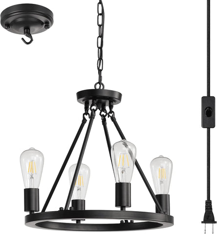 4-Light Plug in Chandelier,Wagon Wheel Style,Black Round Metal Chandelier,Hanging Light with 16.5ft Cord
