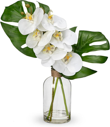 Artificial Monstera Plant and Fake Orchid in Glass Vase, 13.8" Real Touch Fake Plant Tropical Leaves Orchids